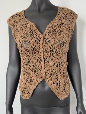 281. Papillon Crochet 100% Cotton Button-Up Vest in Warm Brown
